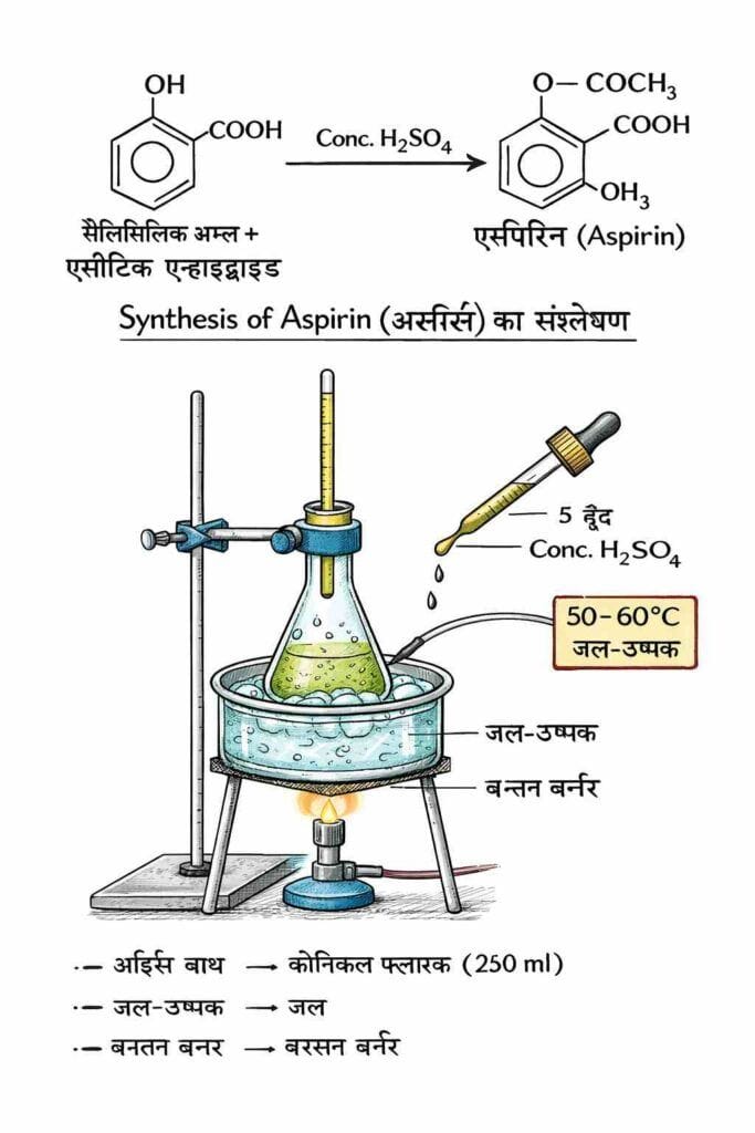सैलिसिलिक अम्ल का एसीटिलीकरण कर एस्पिरिन का निर्माण करना तथा प्राप्त यौगिक की पहचान गलनांक द्वारा करना।