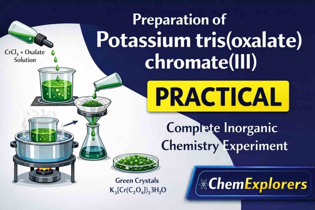 potassium tris oxalato chromate iii preparation, potassium tris oxalate chromate practical, inorganic chemistry practical, preparation of coordination compound, chromium oxalate complex experiment, chemistry lab experiment, bsc chemistry practical, msc chemistry practical, coordination compoundchemexplorers chemistry practical